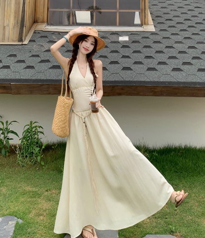 Simple Fashion Beige V-neck Design Beach Holiday A-line with Belt Halter Dress TP3371