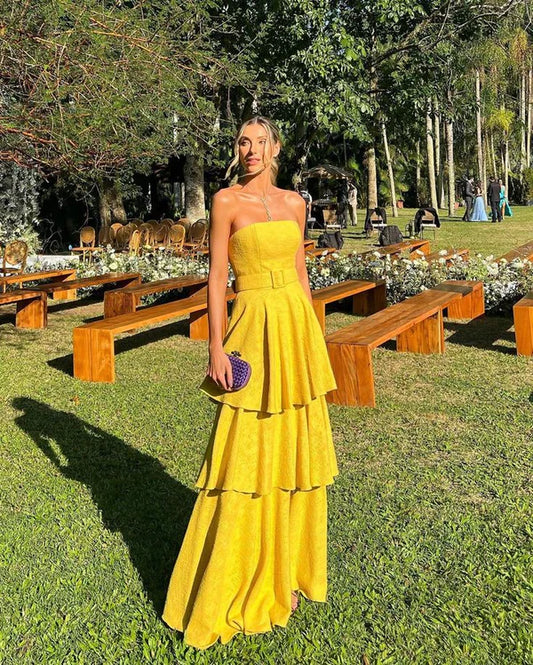 Vintage Yellow Strapless Prom Dress Long Tiered Evening Dress A-Line Formal Dress TP4598