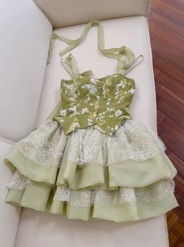 New Fashion Olive Green Mesh Lace Sequined Short Prom Dress,  A-line Homecoming Dress TP3394