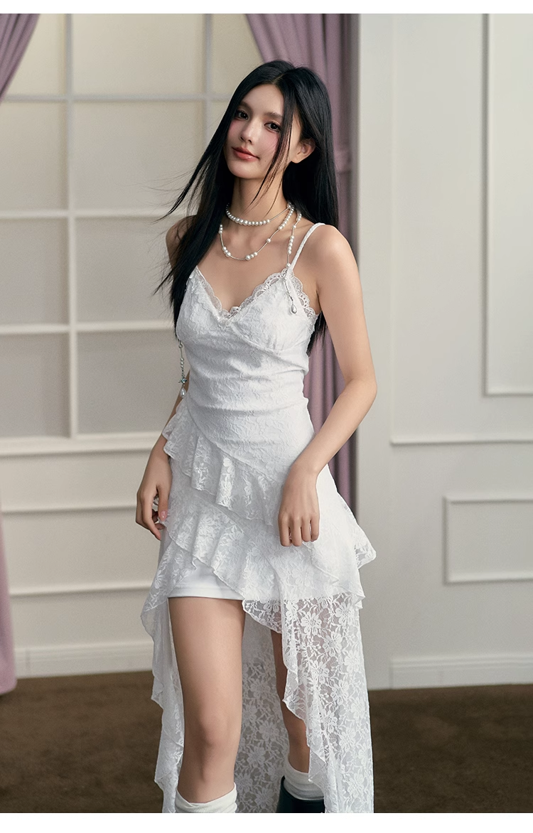 Simple White Irregular Ruffled Hem Design A-line Sleeveless Spaghetti Strap Dress TP3298