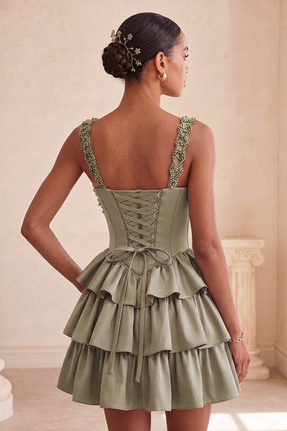Cute 3D Floral Beaded Straps Tiered Ruffle Satin A-Line Cocktail Party Homecoming Dress TP5937