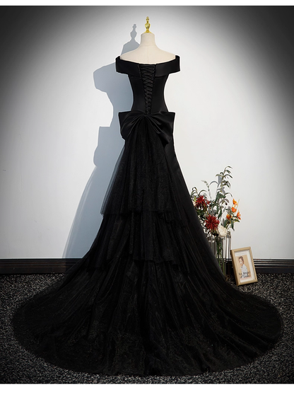 Vintage Black A-Line Evening Gown Satin Off-the-shoulder Party Dress Tulle Dress Hem Formal Dress TP4941