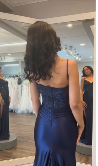Navy Blue Mermaid Spaghetti Strap Lace Satin High Split Long Prom Dresses TP1698