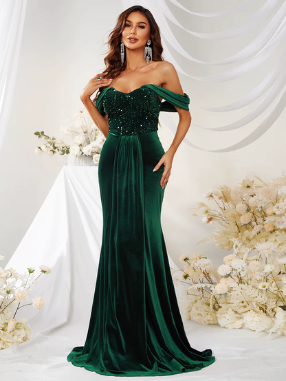 Vintage Emerald Green Off-Shoulder Velvet Sequin Bodice Prom Dress TP5778