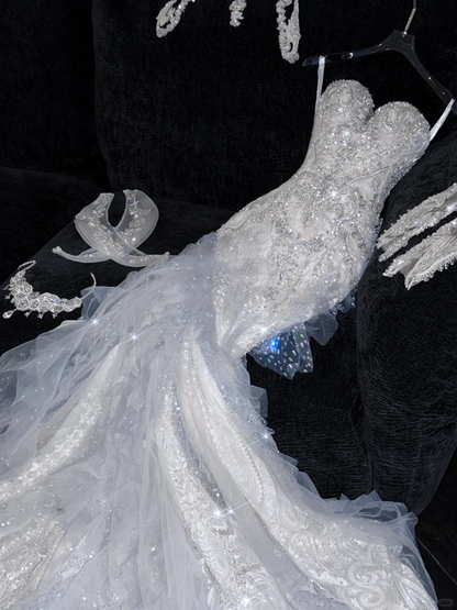 Elegant Sweetheart Lace Tulle Beaded Applique Design Gorgeous Mermaid Floor-length Wedding Dress TP4168