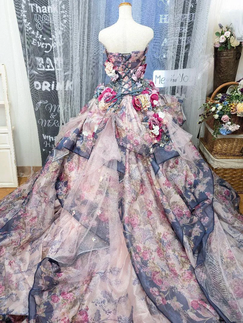Glamorous Floral Strapless 3D Flower Tulle Sweet 15 Quinceanera Ball Gown TP5497
