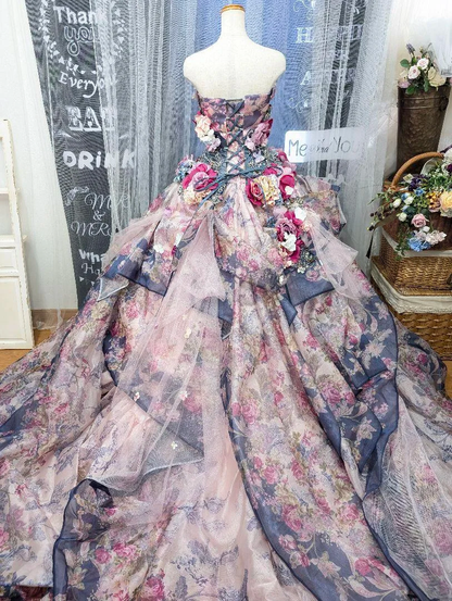 Glamorous Floral Strapless 3D Flower Tulle Sweet 15 Quinceanera Ball Gown TP5497