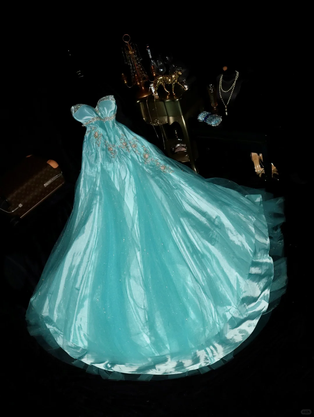 Enchanting Turquoise Sparkle Tulle Beaded Embroidery Sweetheart Strapless Formal Evening Gown TP5374