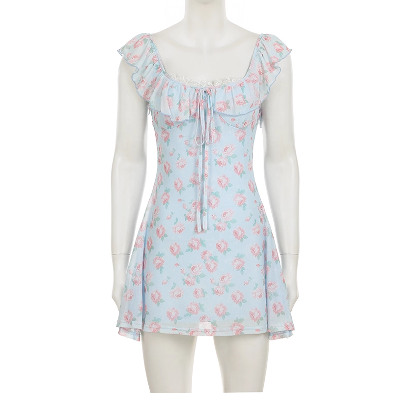 Cute Light Blue Floral Square-neck A-Line Short Summer Dresses Party Dress Homecoming Dress TP4341