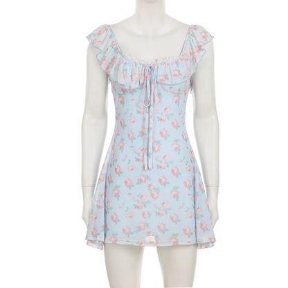 Cute Light Blue Floral Square-neck A-Line Short Summer Dresses Party Dress Homecoming Dress TP4341