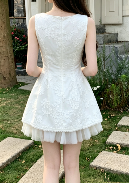 Vintage White 3D Floral Lace Sleeveless Shoulder Bow A-Line Homecoming Dress TP6067