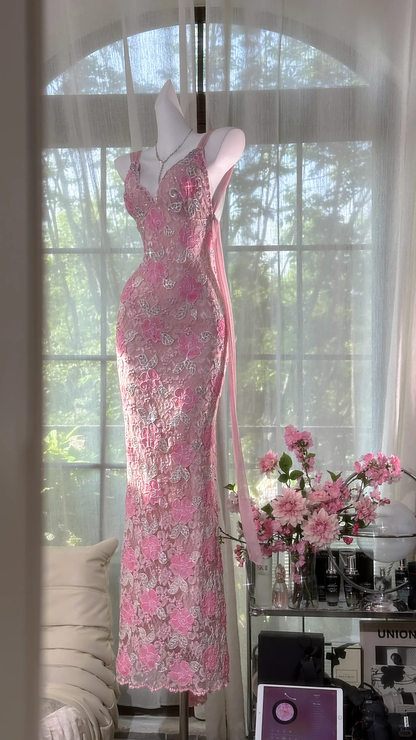 Vintage Gorgeous Pink Floral V-neck Applique Elegant Chiffon Long Evening Dress Prom Dresses TP4150