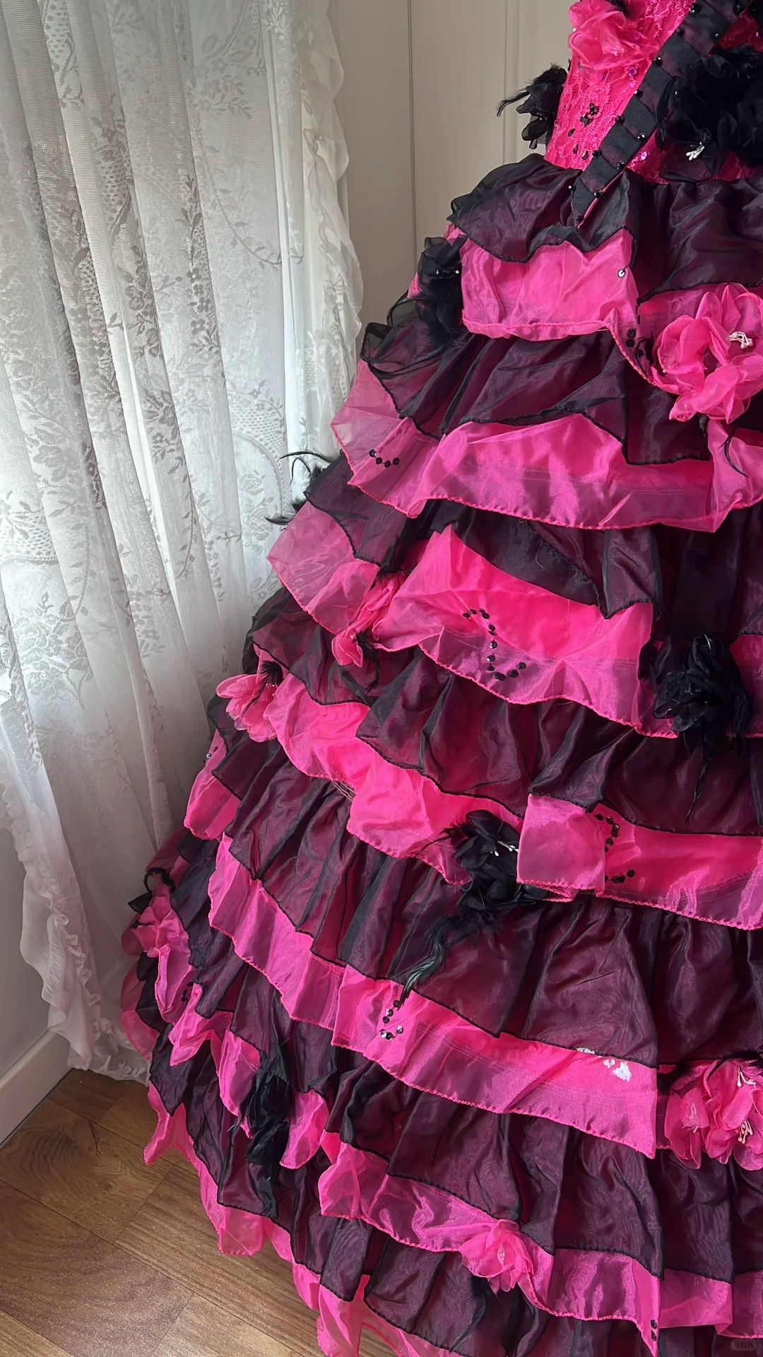 Glamorous Strapless Black & Hot Pink Tiered Rose Feather Applique Ball Gown TP5834