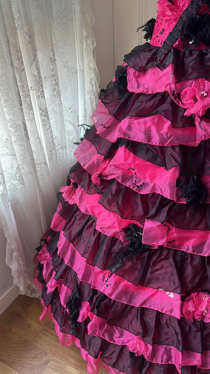 Glamorous Strapless Black & Hot Pink Tiered Rose Feather Applique Ball Gown TP5834