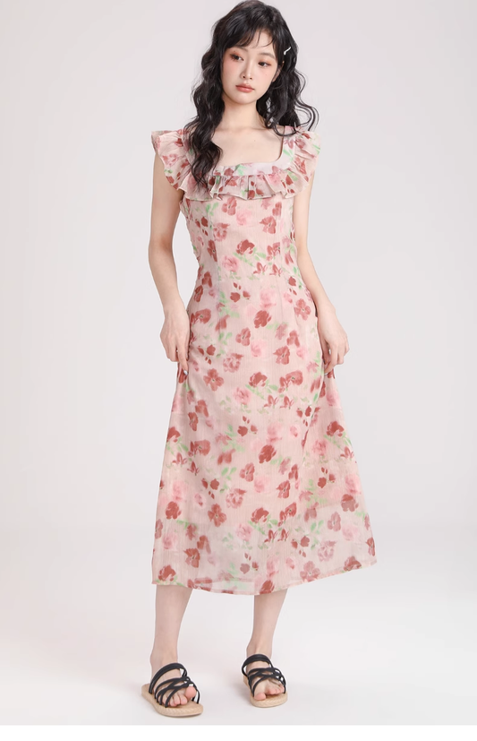 New Simple Fashion Short Puffy Sleeves Floral Design A-Line Dress TP3042
