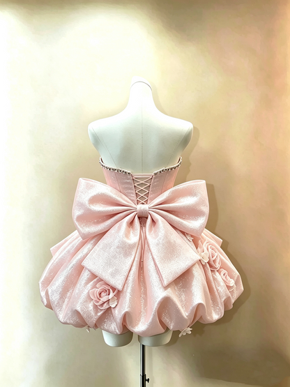 Vintage Pink Glitter Strapless 3D Floral Big Bow Beaded A-Line Homecoming Dress TP6136