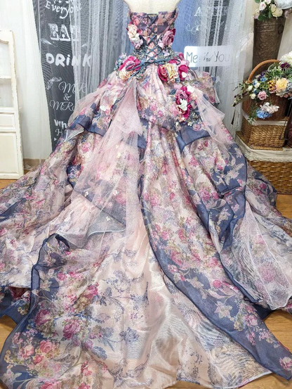 Glamorous Floral Strapless 3D Flower Tulle Sweet 15 Quinceanera Ball Gown TP5497