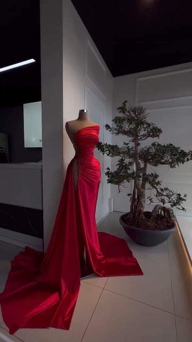 Vintage Red Sheath Beaded Evening Gown One-shoulder Slit Party Dress Satin Floor Length Formal Dress TP4908