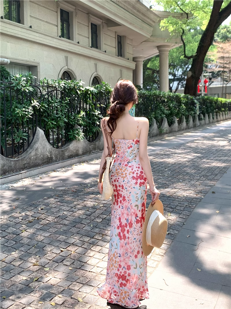 Vintage Fashion Floral Design Elegant Mermaid A-line Spaghetti Strap Dress TP3355