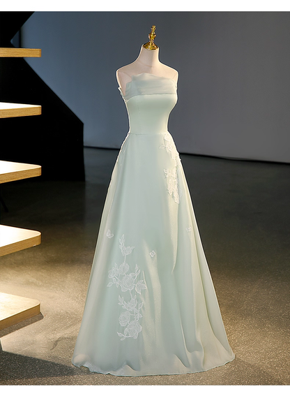 Vintage Sage Green A-Line Applique Evening Gown Satin Strapless Party Dress Long Formal Dress TP4942