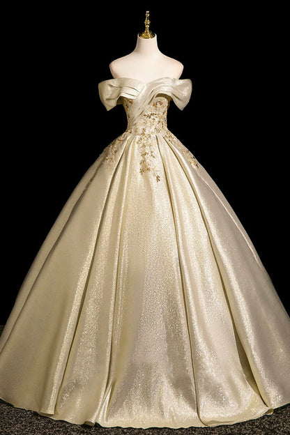 Elegant Champagne Gold Off-Shoulder Satin Beaded Embroidery Quinceanera Ball Gown TP5256