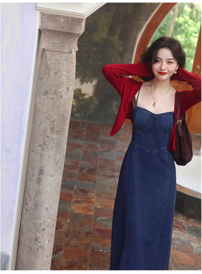 Simple Fashion Red Cardigan & Spaghetti Strap Denim Dress TP3162
