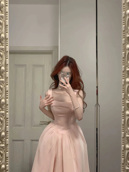 Vintage Pink Square Neck Bow Princess A-Line Midi Evening Gown TP6082