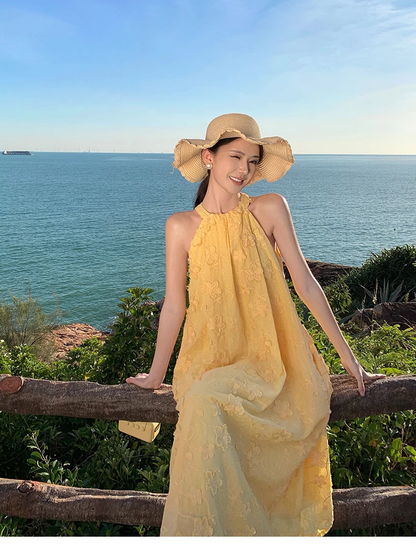 Simple Fashion Women Yellow Floral Design A-Line Halter Dress TP3087