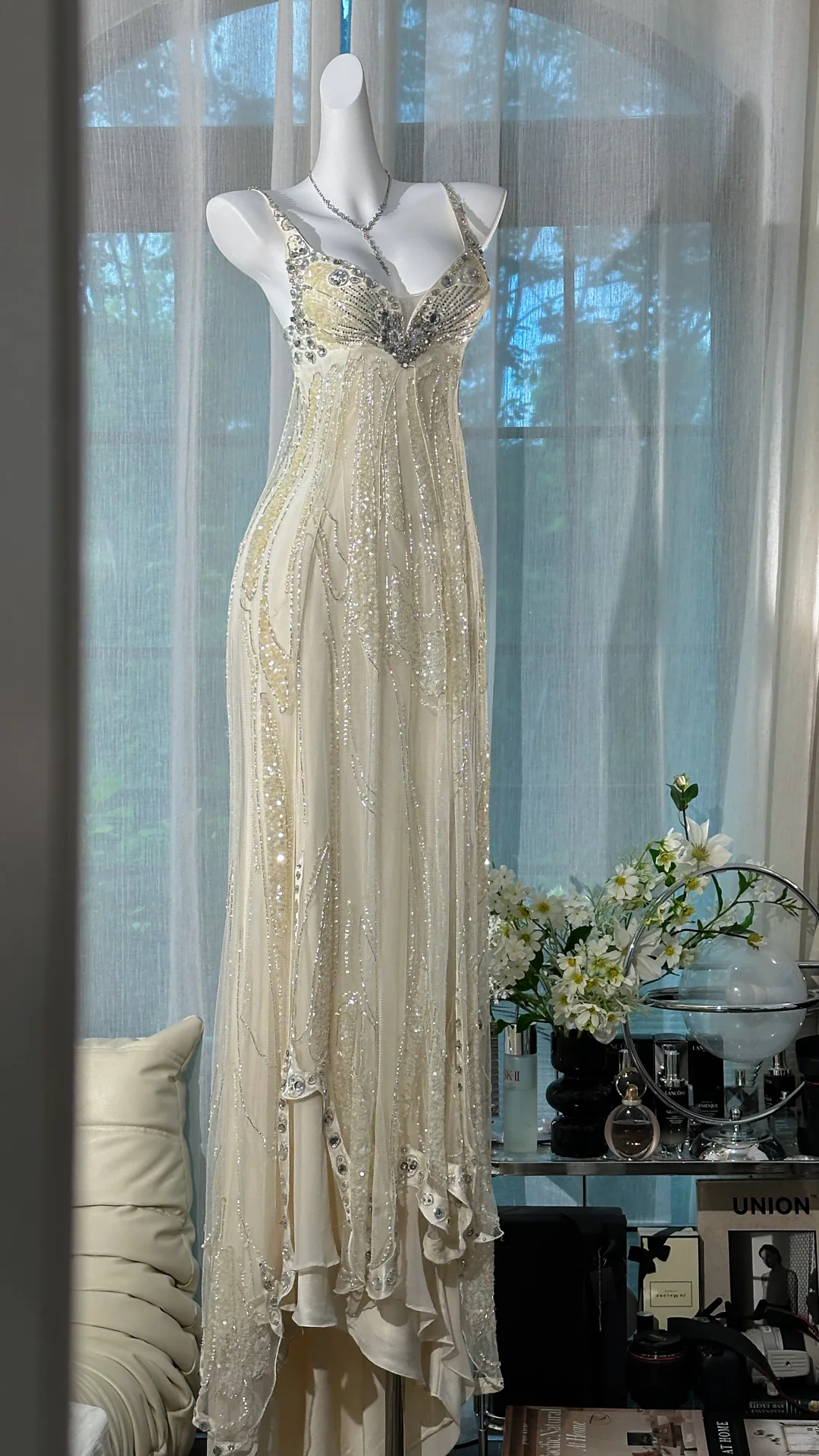 Gorgeous Shiny Beige Beaded Sequin Spaghetti Strap Design Chiffon Prom Dress Evening Dress TP4245