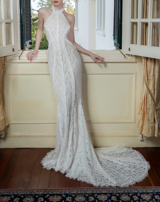 Elegant Lace Mermaid Evening Gown Halter-neck Party Dress Lace-up Long Formal Dress TP4929