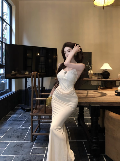 Simple Fashion Design Apricot A-Line Slim Women Halter Dress TP3144