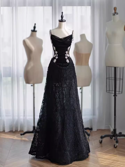 Glamorous Black Lace & Velvet Rhinestone Floral Spaghetti Strap Cowl Neck Evening Gown TP5289