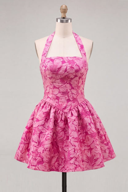 Vintage Hot Pink Floral Jacquard Halter-Neck A-Line Homecoming Dress TP6020