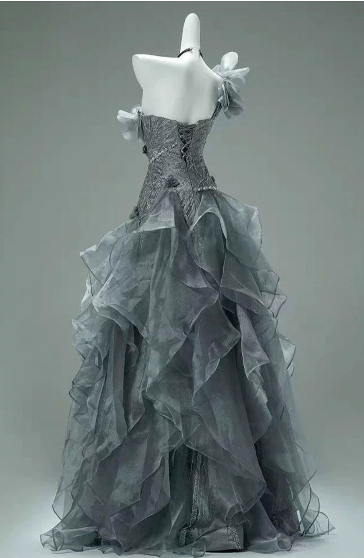 Vintage Gray Ruffled Organza One-Shoulder 3D Floral Beaded Prom Dress TP5867