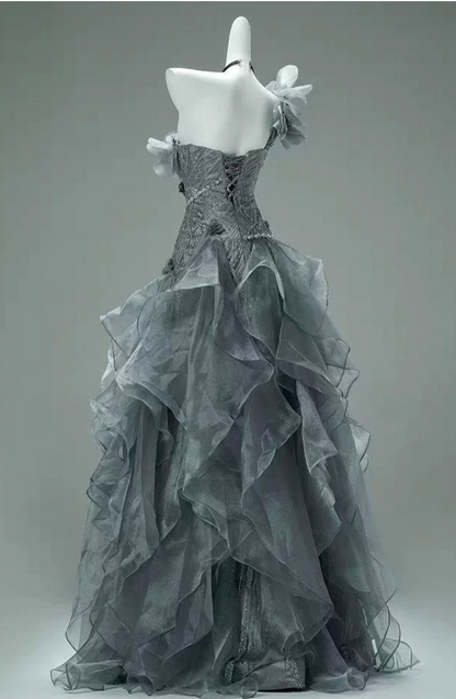 Vintage Gray Ruffled Organza One-Shoulder 3D Floral Beaded Prom Dress TP5867