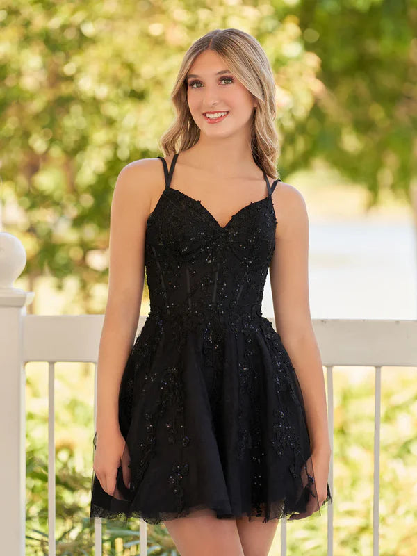 Charming Black Lace Design A-line Lace-up Spaghetti Strap Homecoming Dress TP3624