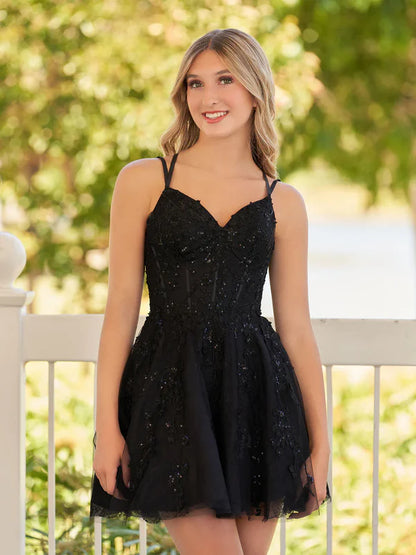 Charming Black Lace Design A-line Lace-up Spaghetti Strap Homecoming Dress TP3624