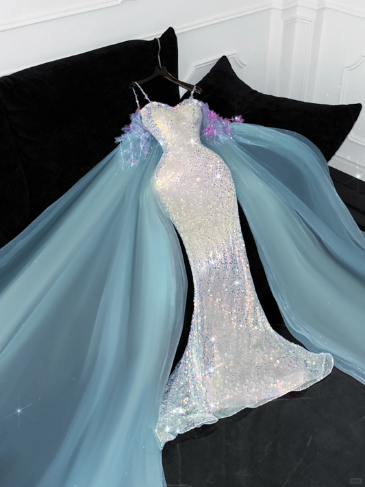 Vintage Shiny Sequined Sweetheart Spaghetti Strap Design Mermaid Prom Dress Evening Dress TP4223