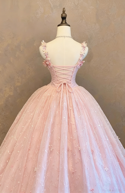 Glamorous Pink Floral Applique Spaghetti Strap Sweet 15 Quinceanera Ball Gown TP5727