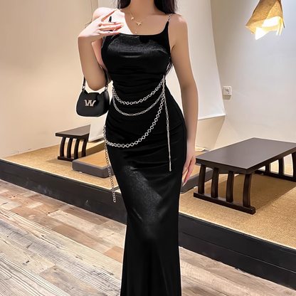 Gorgeous Black Spaghetti Strap Waist Chain Mermaid Long Prom Dress Evening Dress TP4355