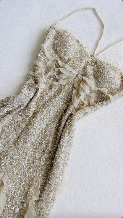 Enchanting Shiny Sequin Beaded Prom Dress Sheath Spaghetti Strap Evening Dress Long Formal Dress TP4696