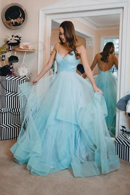 Gorgeous Light Blue Glitter Tulle Spaghetti Strap V-Neck Layered Quinceanera Ball Gown TP5845