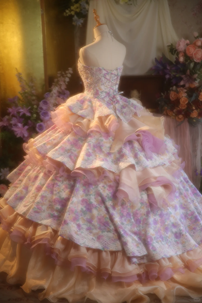 Vintage Floral Strapless Tiered Ruffled A-Line Sweet 15 Quinceanera Ball Gown TP5511