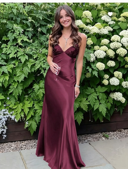 Elegant Burgundy Satin Mermaid Sequin V‑Neck Spaghetti Straps Long Prom Dress TP6111
