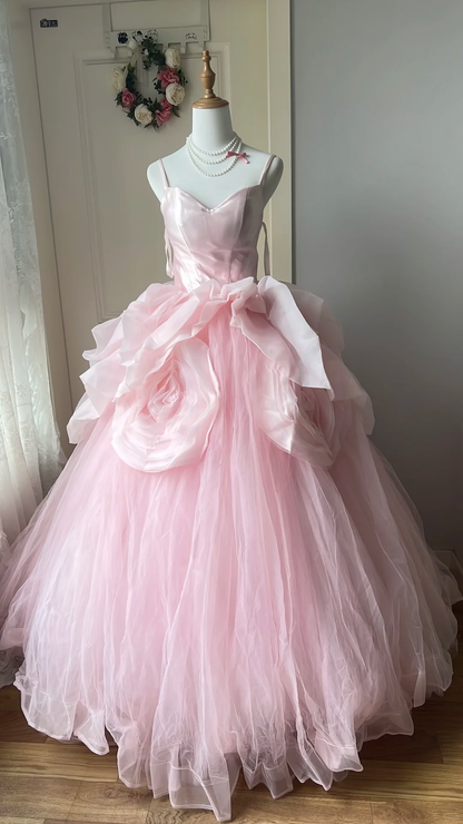 Glamorous Pink Satin Tulle 3D Rose Spaghetti Strap Sweetheart Long Ball Gown TP5831