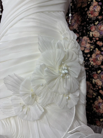 Elegant Strapless Mermaid Tiered Ruffled Tulle Train Wedding Dress TP5340