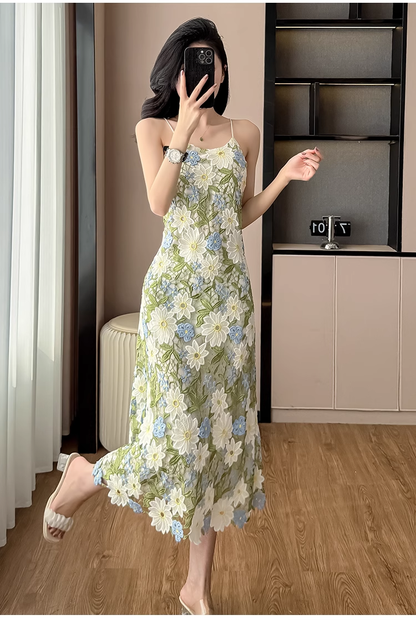 New Fashion Green Floral Embroidery Design Midi A-line Spaghetti Strap Dress TP3343