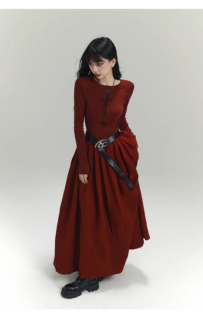 Vintage Elegant Simple Backless Red Long-sleeved Dress TP2917