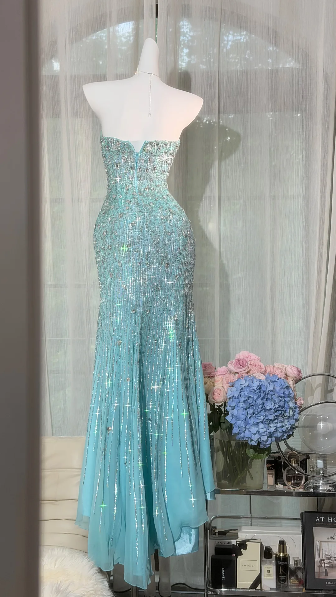 Vintage Aqua Beaded Strapless Sweetheart Mermaid Prom Dress TP5826