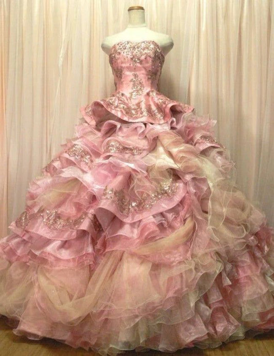 Vintage Pink Tulle Beaded A-Line Strapless Ruffled Tiered Quinceañera Ball Gown TP5171